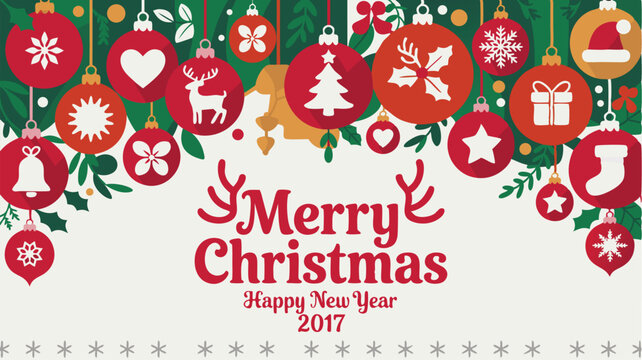 Merry Christmas Happy New Year 2017 Card Featuring Hanging Ornaments and Festive Decorative Elements