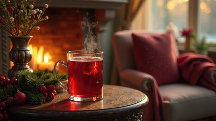 Warm Festive Beverage by a Cozy Fireplace in a Relaxing Home Setting
