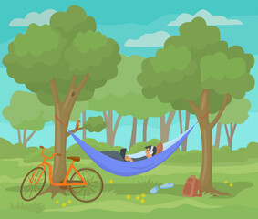 Summer landscape with a man in a hammock under trees, working on a laptop near a bike. Peaceful scene for vacation, leisure, travel, or digital nomad themes. Flat vector.
