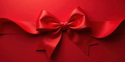 A vibrant red satin ribbon tied in a classic bow, elegantly draped across a rich red background, perfect for celebratory designs.