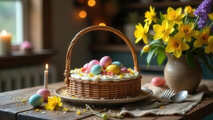 A delightful Easter basket cake adorned with pastel eggs and spring blossoms sits on a rustic wooden table, accompanied by a lit candle and daffodils