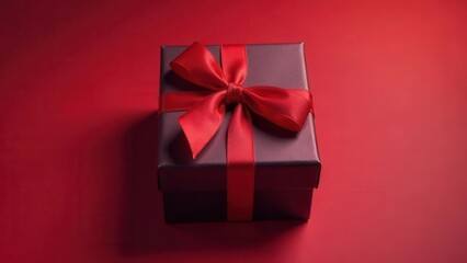 A dark-colored gift box elegantly adorned with a vibrant red ribbon, perfectly presented against a rich red backdrop, symbolizing a thoughtful gesture of appreciation or celebration.