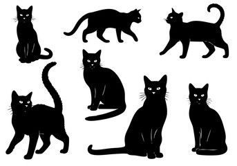 Minimalist Silhouette Various Black Cat Poses Feline Animal Illustration
