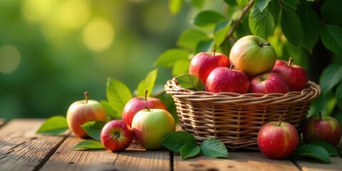 A wicker basket overflowing with ripe, red and green apples sits on a rustic wooden surface, surrounded by lush green leaves in a sun-drenched orchard setting.