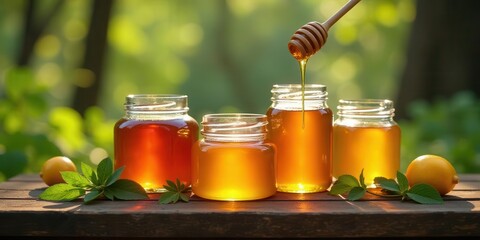 Golden Honey Jars on Rustic Wood Table with Fresh Lemons and Lush Greenery in Sunny Outdoor Setting