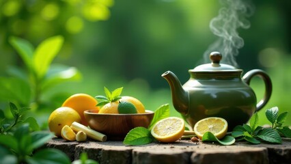 Aromatic herbal tea steaming in a teapot, surrounded by fresh citrus fruits and vibrant green leaves on a rustic wooden surface, bathed in sunlight