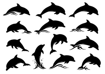 Grunge Black Silhouette Dolphin Swimming Leaping Set Marine Life Illustration