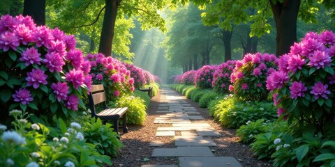 Serene Pathway Through a Blossoming Garden with Sunlit Stone Walkway and Benches