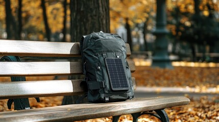Eco-friendly backpack with solar panel charging in autumn park setting