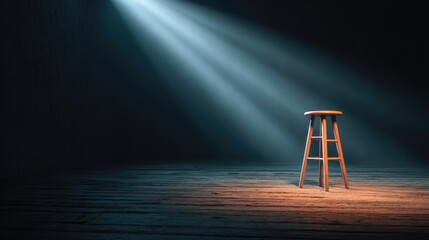 Dim-lit rehearsal stage with single stool and spotlight in moody ambiance