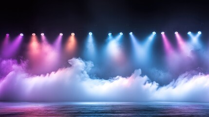 Dramatic fog rolling across empty stage under blue and purple theatrical lights