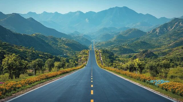 Open Road to Adventure: An endless road stretches towards majestic mountains, inviting exploration and hinting at the journey that lies ahead. Capturing freedom and the thrill of the open road.