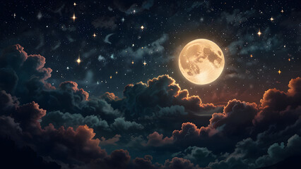 Peaceful good night illustration with glowing moon and dreamy sky