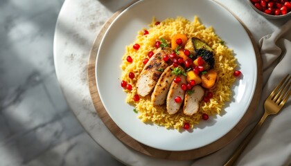 Chicken Breast with Rice, Vegetables and Pomegranate Seeds