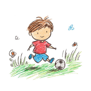 A cute little boy playing soccer, in a simple drawing style, with crayon on a white background, png, transparent