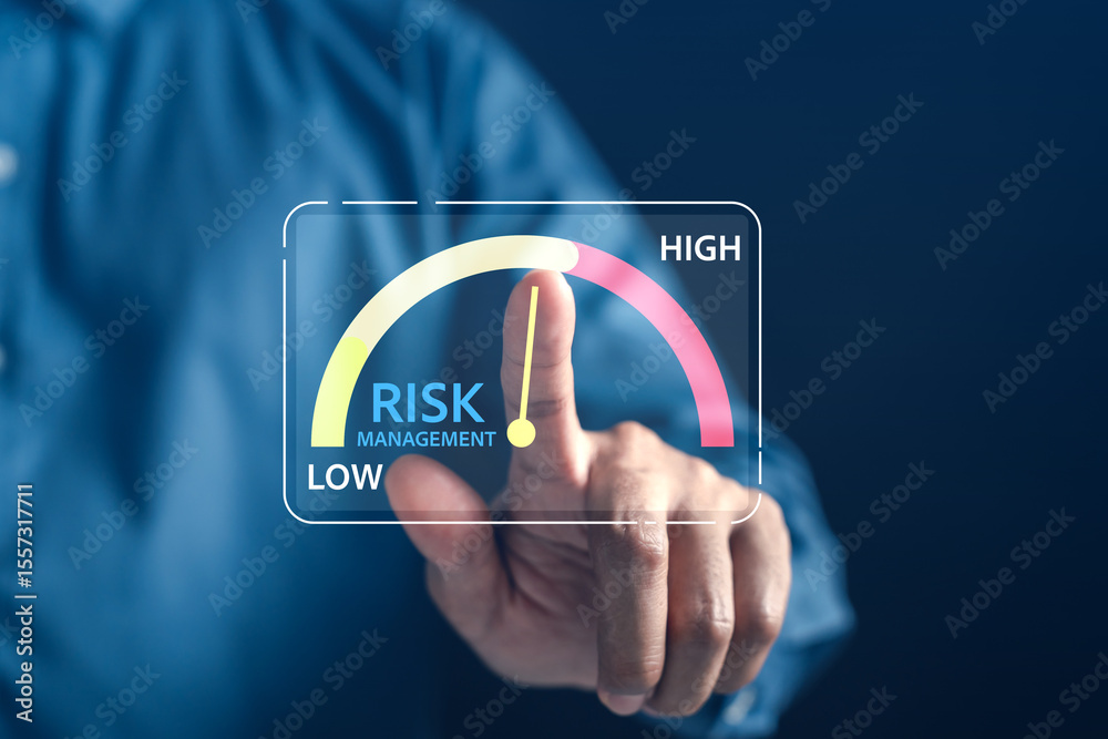Poster risk management decision in business and stock investment with a visual gauge level of financial exp