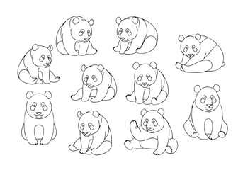 Sketch Adorable Panda Bear Cub Collection Line Art Illustration