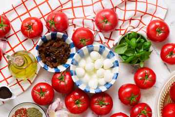 Roasted Tomato Soup with Mozzarella and Basil Caprese Style.selective focus