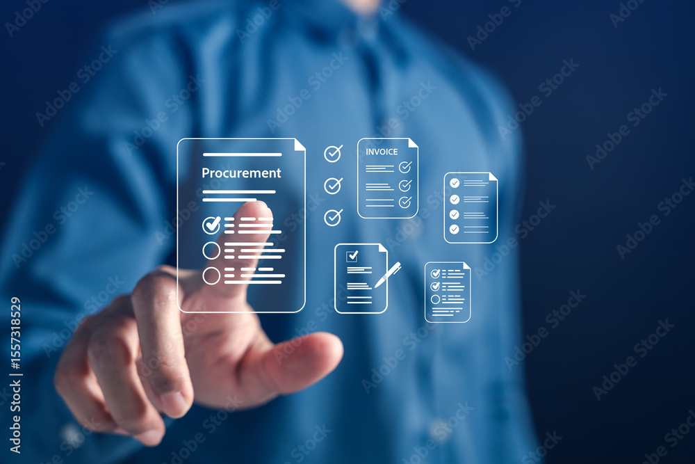 Poster Procurement and invoice document system with digital checklist approval, streamlining supply chain tasks. Visual representation of business workflow, record accuracy, and vendor collaboration.