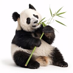 Obraz premium Cute panda bear sitting upright eating bamboo illustration