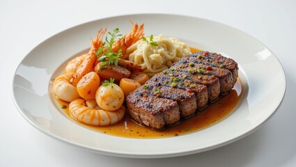 Gourmet Plated Meal Featuring Succulent Steak with Seafood And Elegant Garnish Presentation