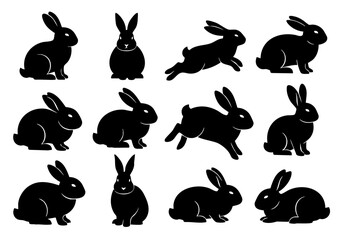 Simple Black Silhouette Bunny Rabbit Diverse Pose Illustration Set