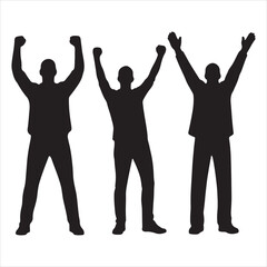Three silhouetted men with raised arms celebrating victory or success