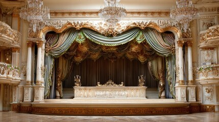 Obraz premium Ornate stage with golden trim, chandeliers, and historical architectural detailing