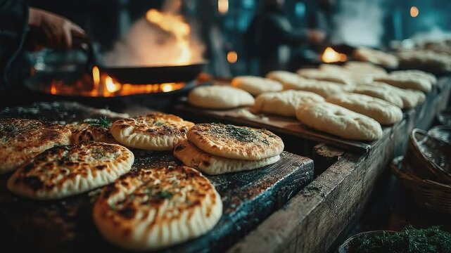 Rustic Breads at a Medieval Feast: Freshly baked breads line a rustic wooden table, evoking the warm, inviting atmosphere of a medieval feast, with a fire crackling in the background.