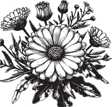 Ringelblume, Calendula officinalis, procreate digital drawing, line art, botanical illustration black vector illustration