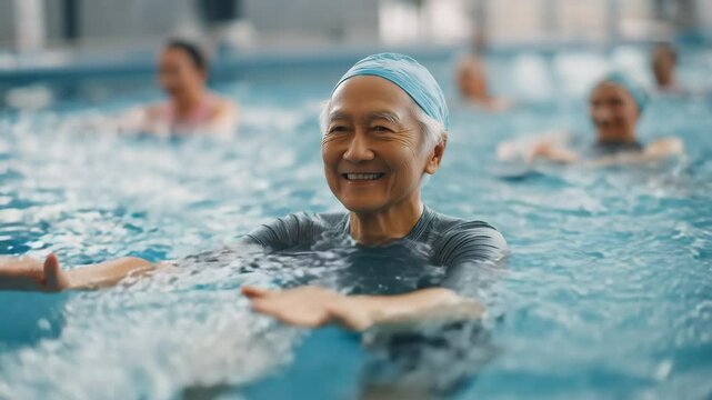 仲間と一緒に笑顔で水中運動する高齢男性