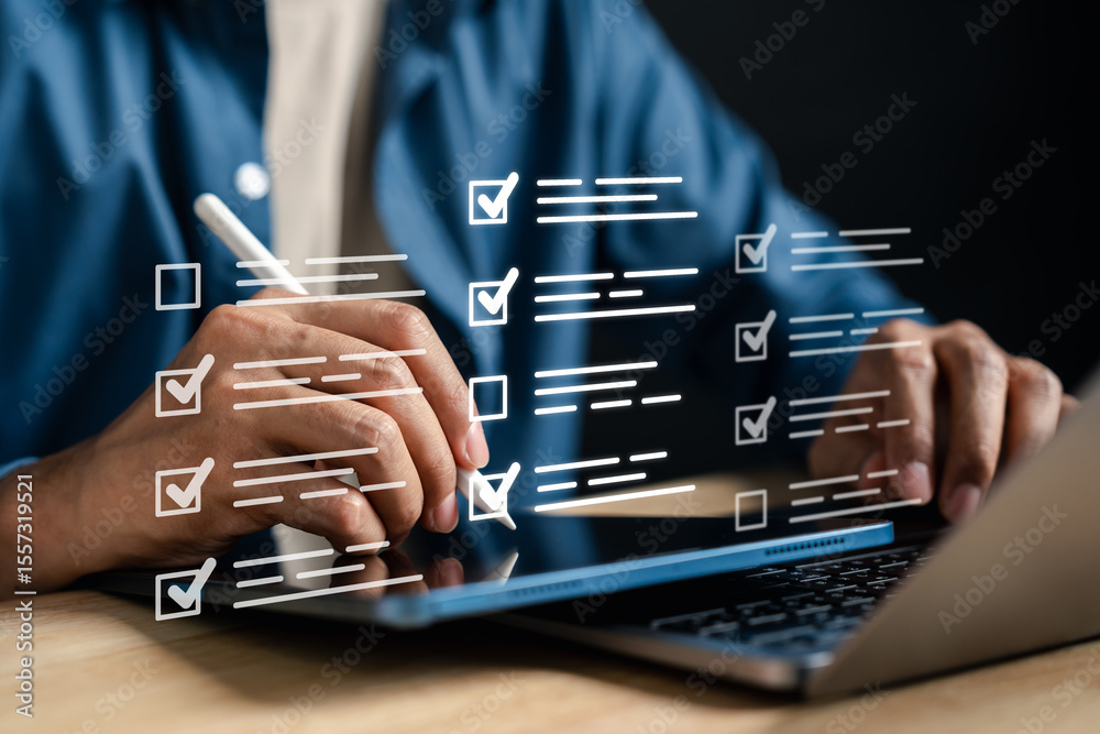 Aufkleber Online survey and digital checklist form, user interaction with form filling and ticking boxes, feedback system, data analysis, and productivity apps.