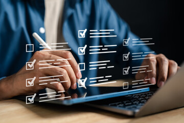 Online survey and digital checklist form, user interaction with form filling and ticking boxes,...