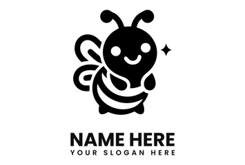Adorable cartoon bee logo design, simple black silhouette, friendly expression.