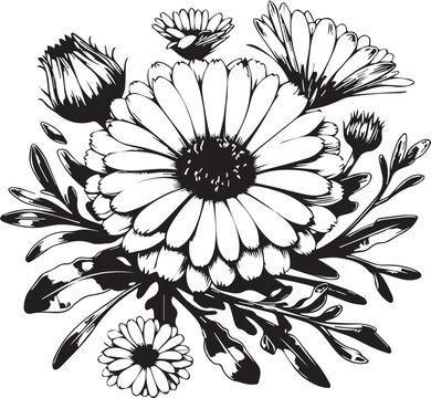 Ringelblume, Calendula officinalis, procreate digital drawing, line art, botanical illustration black vector illustration