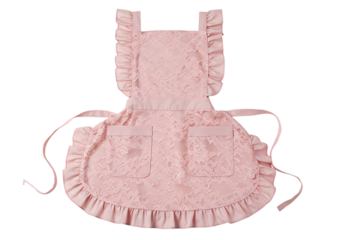 Pink Eyelet Apron with Ruffle Trim A Detailed View isolated on transparent background