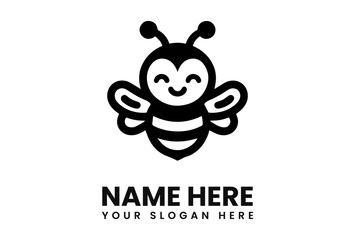 A stylized black and white drawing of a smiling bee with text below.