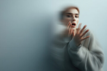 portrait of person moving with surprised expression positioned on left side of frame