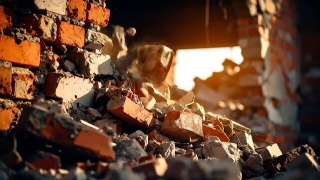 Close-Up Of Red Brick Wall Demolition With Falling Debris and Dust Illuminated By Sunlight