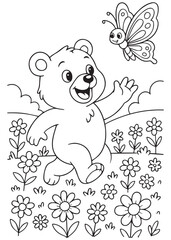 Coloring book bear running in a field of flowers chasing a butterfly