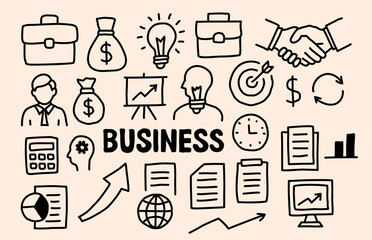 Cute hand-drawn business doodle icon set in black line style on light background. Includes briefcase, businessman, handshake, dollar sign, documents, charts, light bulb, target, and other office