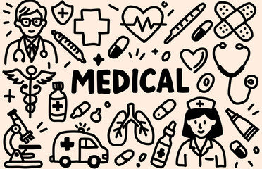 Cute hand-drawn medical doodle icon set in black line style on light background. Includes doctor, nurse, ambulance, microscope, pills, syringe, stethoscope, and other healthcare-related elements