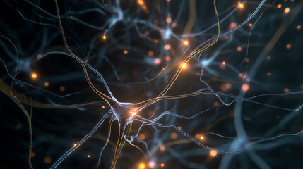 glowing neurons network with synapses transmitting signals in dark background showing brain activity and neural connections concept