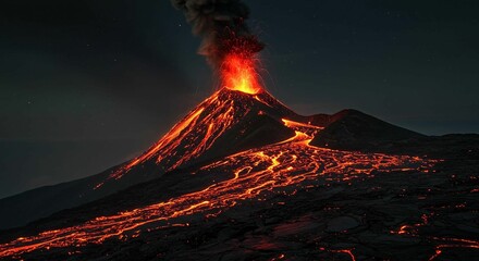 Nighttime Volcano Eruption with Flowing Lava
