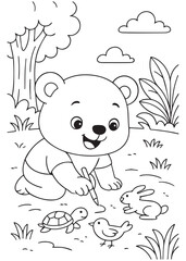 Coloring book bear playing with turtles and birds on the ground.