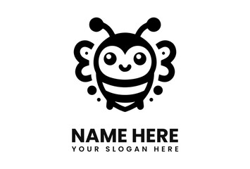 Cute cartoon bee logo design with wings, antennae, and space for a name and slogan.