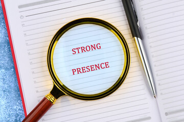 A conceptual phrase on the topic of business STRONG PRESENCE. Online reviews and global business...