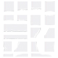 Collection of set of notebook sheets in a cage with torn paper effect and realistic shadow effect, isolated vector illustration
