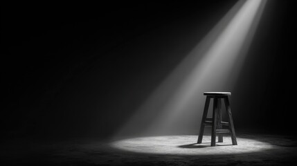 Spotlight beaming onto a lone stool in center stage, dark surroundings for dramatic effect