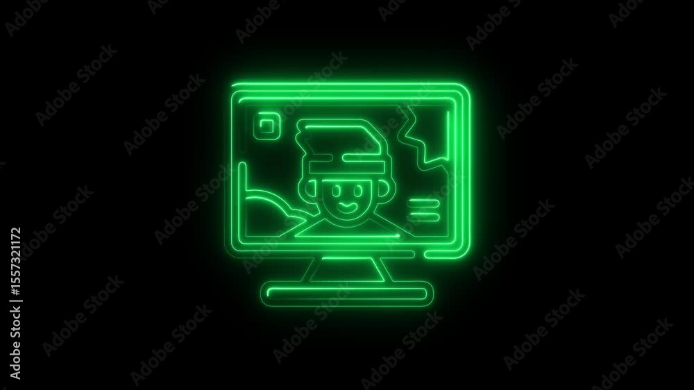 Poster neon green computer screen icon animated loop showing smiling face avatar concept representing